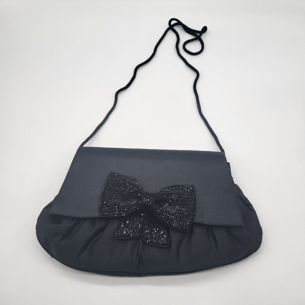 VTG Le Regale Black Satin Evening Purse Clutch Bag Bow Prom Wedding Formal